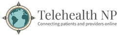 Logo with a compass rose encircling a teal globe. Text reads "Telehealth NP" with tagline: "Connecting patients and providers online."