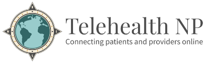 Logo with a compass rose encircling a teal globe. Text reads "Telehealth NP" with tagline: "Connecting patients and providers online."