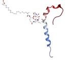 Protein structure, with a spiral of blue to red, extending from a chain of molecules to the left.