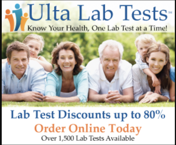 Family lying on grass, ad for Ulta Lab Tests. Offers discounts and online ordering for over 1,500 lab tests.