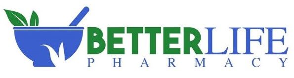 Logo for Better Life Pharmacy: blue mortar and pestle with green leaves and text