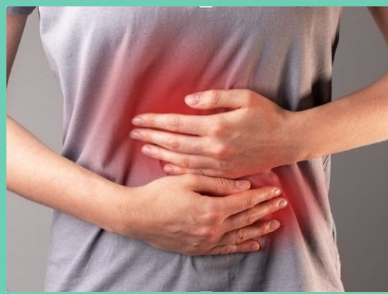Person holding abdomen, highlighted in red; indicating pain or discomfort.