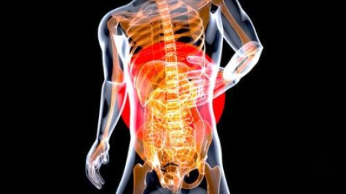 X-ray showing a human torso with areas of pain highlighted in red.