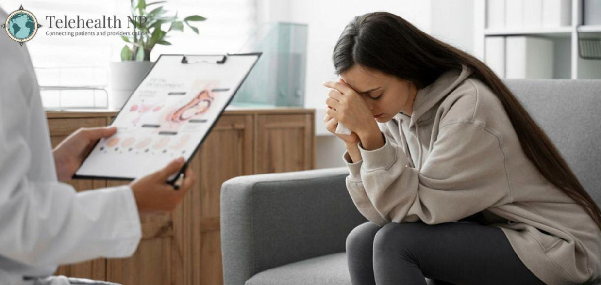 A woman sits on a sofa, head in hands, while a doctor holds a chart. Telehealth branding is visible.