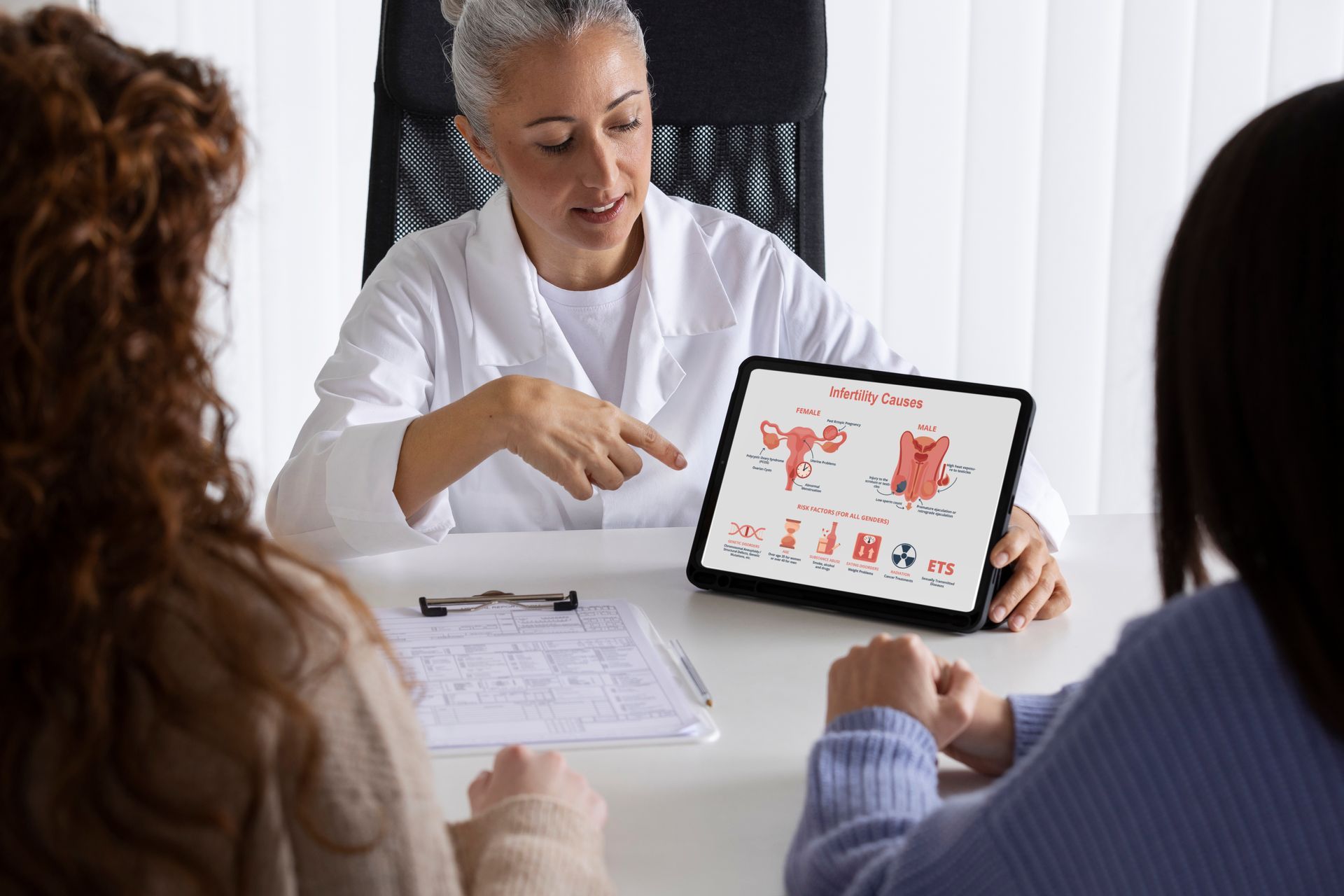 Doctor showing diagram of female reproductive system on tablet to two patients.