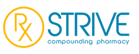 Logo for Strive Compounding Pharmacy: yellow Rx symbol in circle; teal