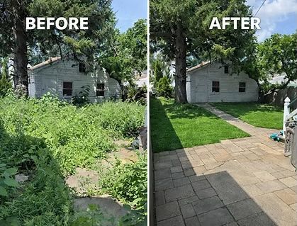 Before-and-after of a house yard, overgrown weeds replaced by a cleared lawn and paved patio.