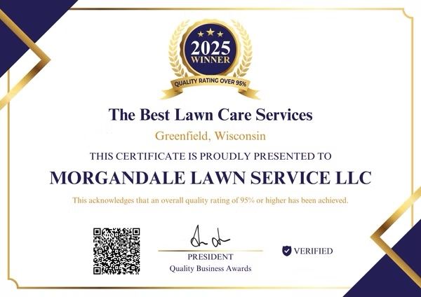 2025 winner certificate for Morgandale Lawn Service LLC, with navy and gold accents