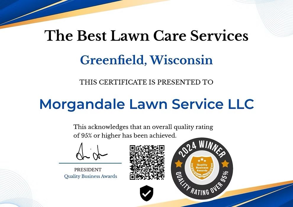 Certificate for Morgandale Lawn Service LLC, Greenville, Wisconsin, with 2024 award seal and blue-gold accents