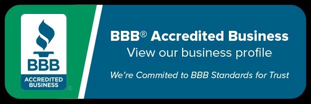 BBB Accredited Business banner with blue logo, “View our business profile,” and “Committed to BBB Standards for Trust” text