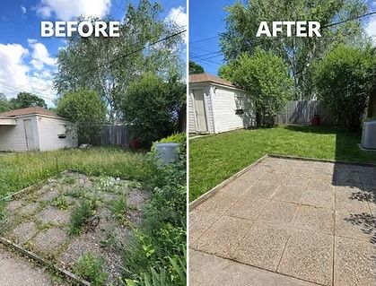 Before-and-after backyard patio cleanup, showing overgrown weeds replaced with a clean concrete patio and lawn.