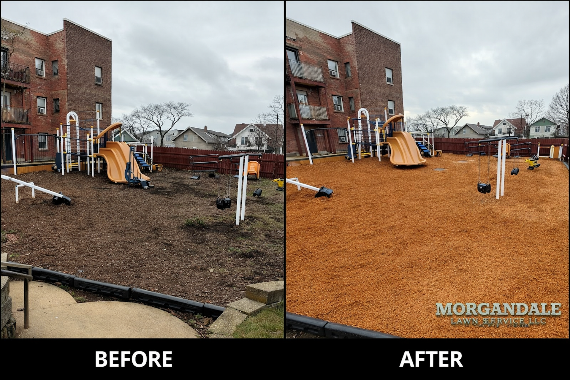 Before-and-after view of a playground with new orange mulch, slides, and apartment buildings in the background