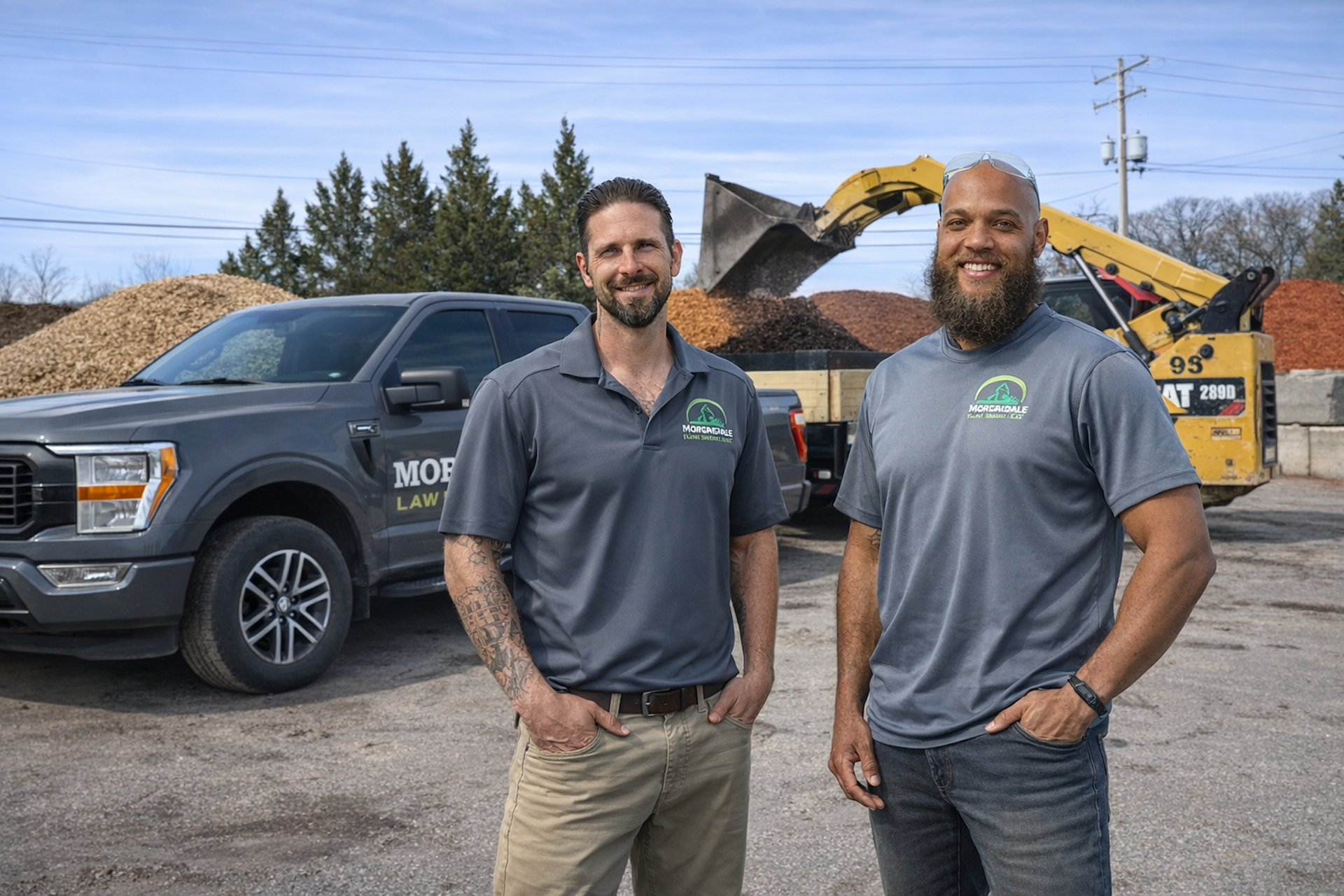 Two men in gray shirts standing in front of a black pickup truck and excavator at a work site