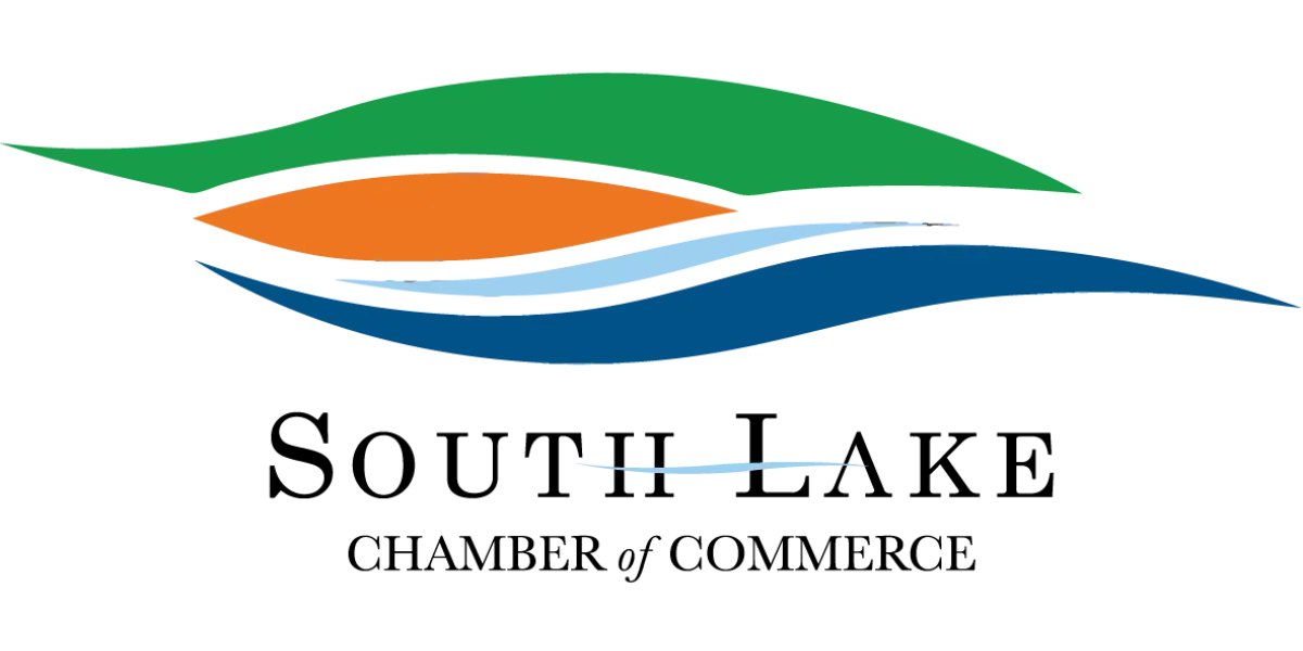Logo for South Lake Chamber of Commerce with green, orange, and blue stylized waves over text.