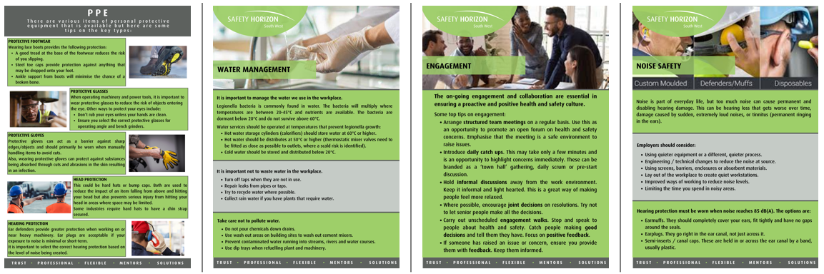 A set of four flyers with a picture of a group of people