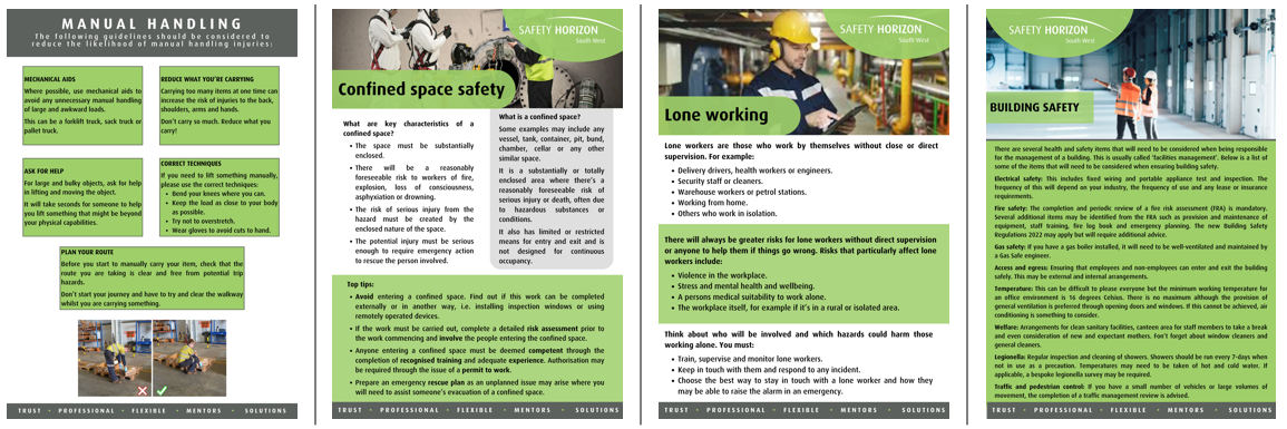 A set of four brochures with a green background