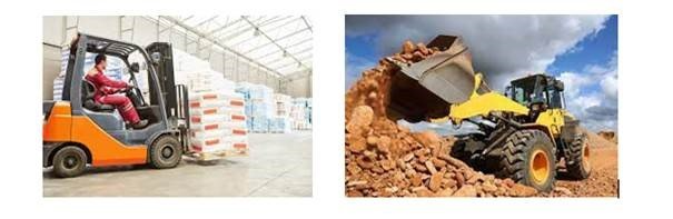 A forklift is loading a warehouse and a bulldozer is loading dirt.