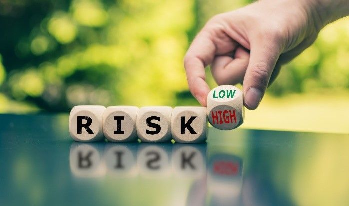 A hand is holding a dice with the word risk written on it.