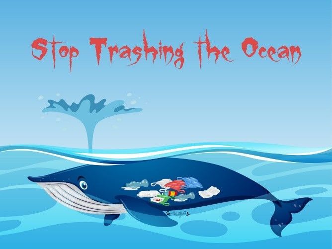 A whale with trash on it is swimming in the ocean.