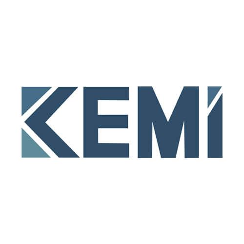 Blue KEM logo with stylized K and M letters on a white background