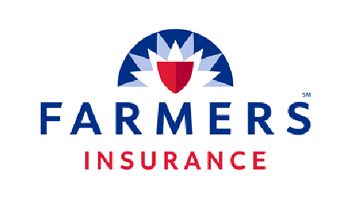Farmers Insurance logo with blue text, red accent, and blue-and-red emblem above.