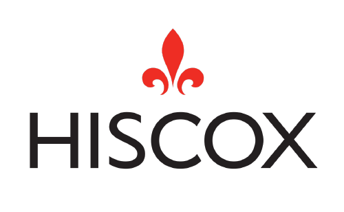 Hiscox logo with black text and red fleur-de-lis symbol above it