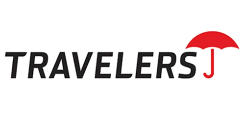 Travelers logo with black text and a red umbrella icon over the J