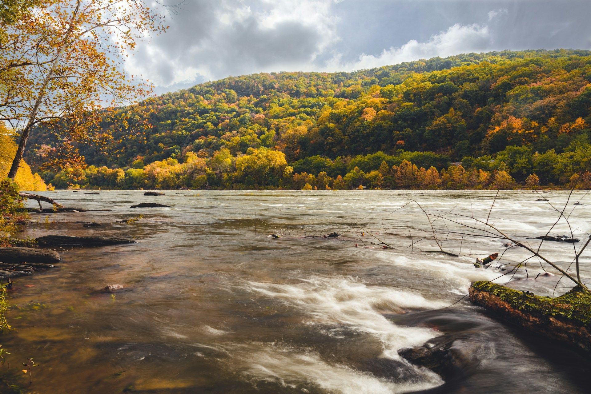 Autumn forested hillside beside a rushing river under cloudy skies