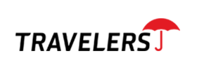 Travelers logo with black text and a red umbrella over the final letter