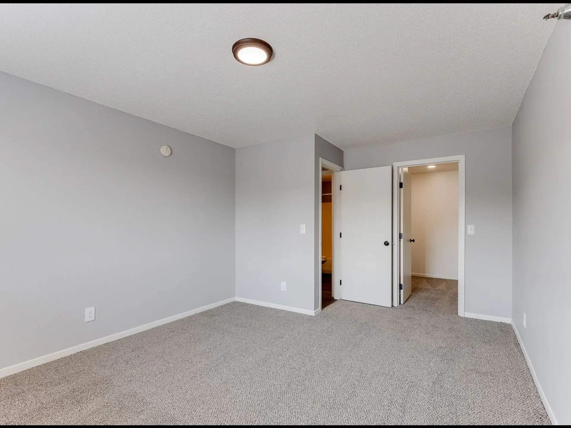 Bedroom with gray walls and carpet, with doors leading to closet and hallway.