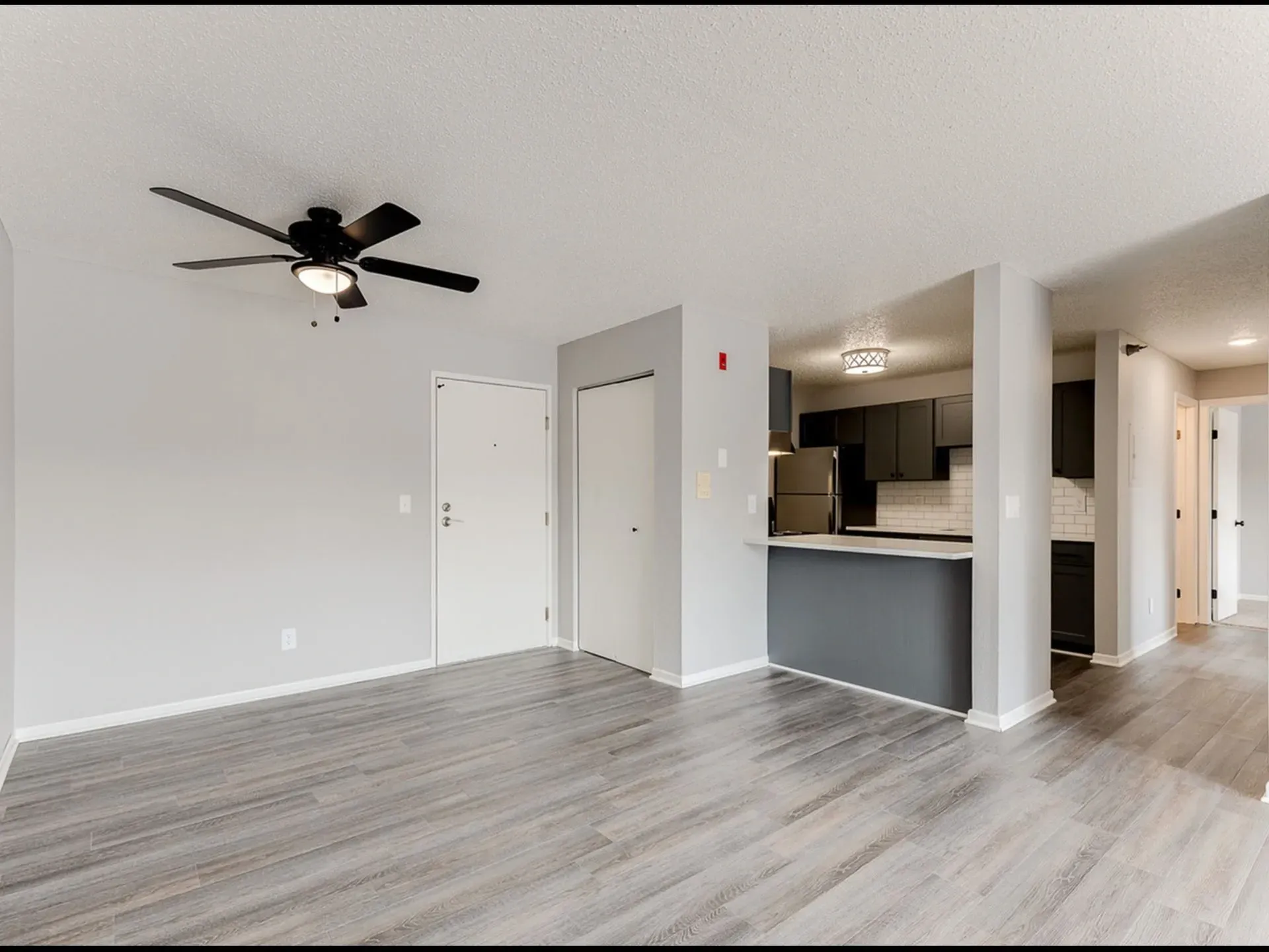 Living room and kitchen area with gray flooring and white walls