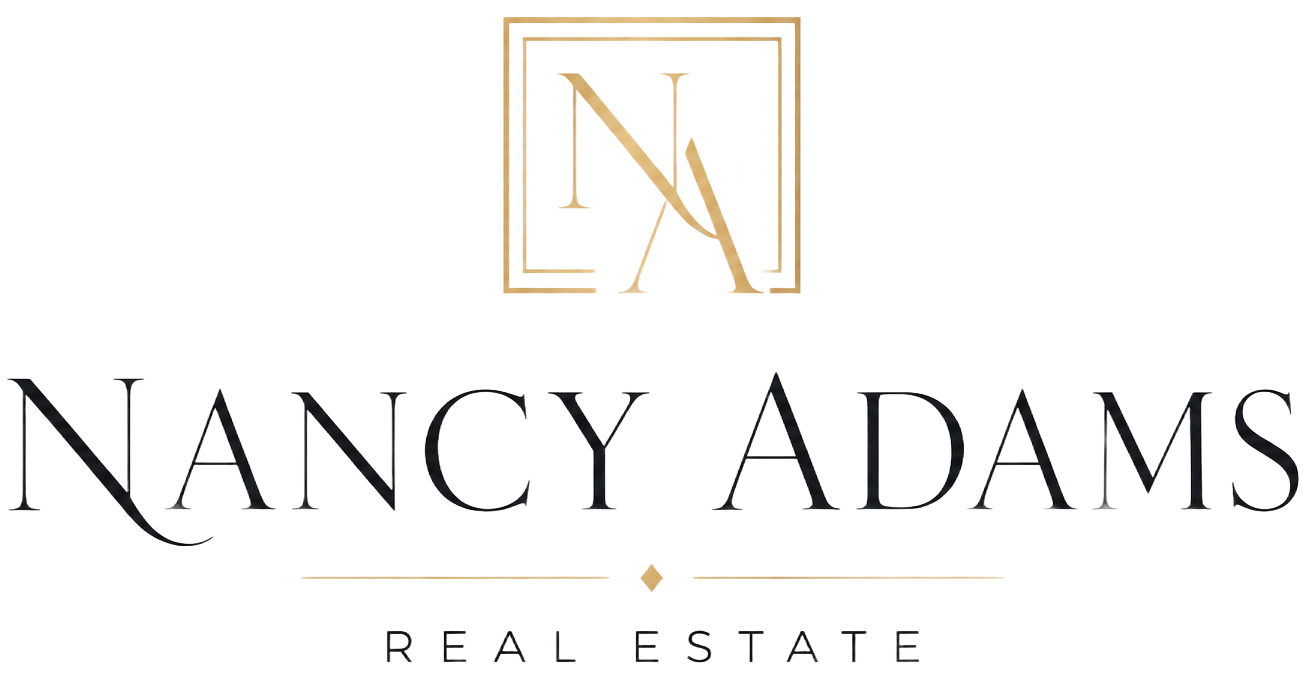 Nancy Adams Real Estate logo in black and gold with monogram and serif text