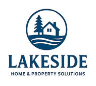 Lakeside Home & Property Solutions logo with a blue house, pine tree, and lake waves in a circle