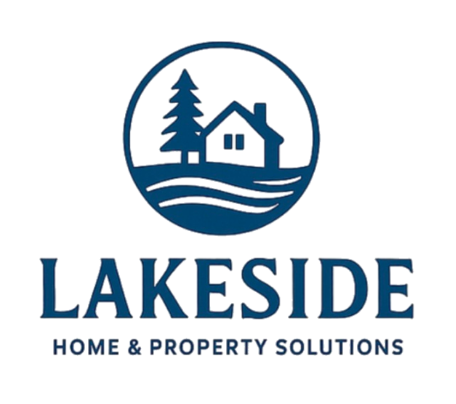 Lakeside Home & Property Solutions logo with a blue house, pine tree, and lake waves in a circle