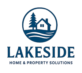Lakeside Home & Property Solutions logo with a blue house, pine tree, and lake waves in a circle