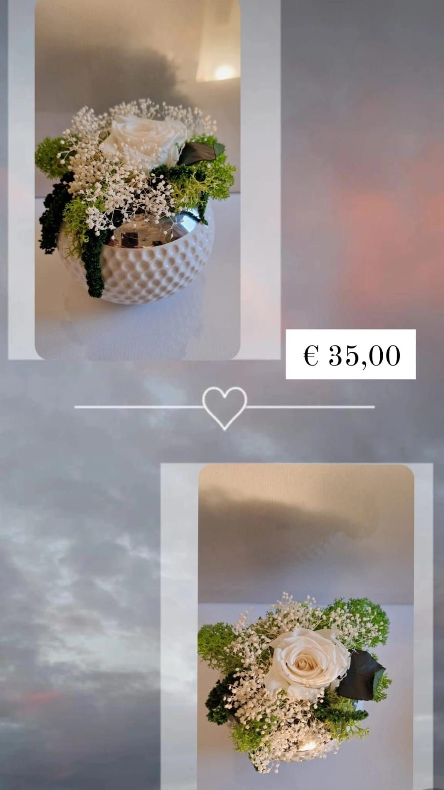 Vaso bianco e argento con rosa bianco perla, gypsophila, muschio light green  e amaranto verde