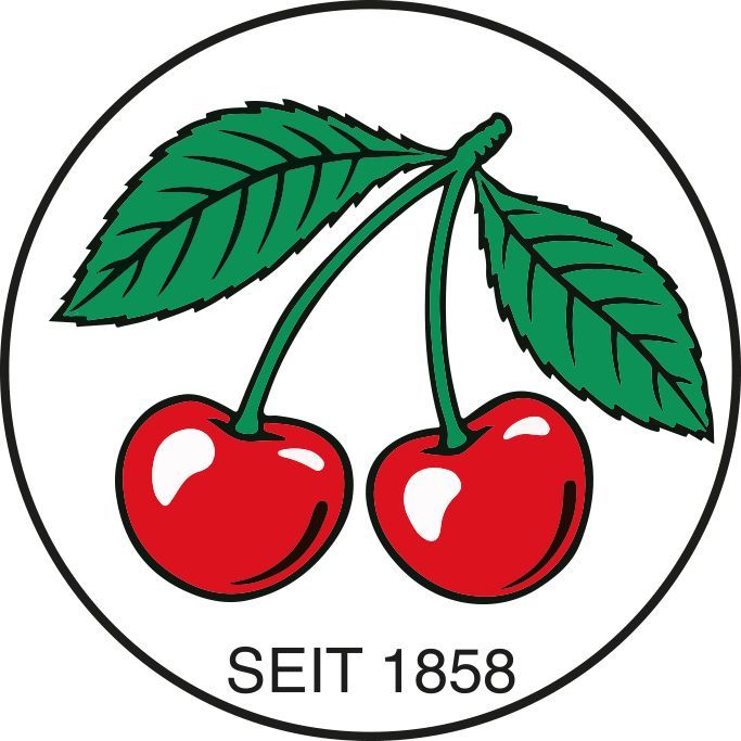 Logo della ciliegia con due ciliegie rosse, foglie verdi e la scritta
