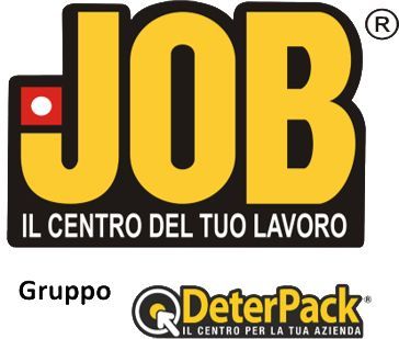 Logo giallo e nero “JOB”, con slogan “IL CENTRO DEL TUO LAVORO” e marchio DeterPack in basso.