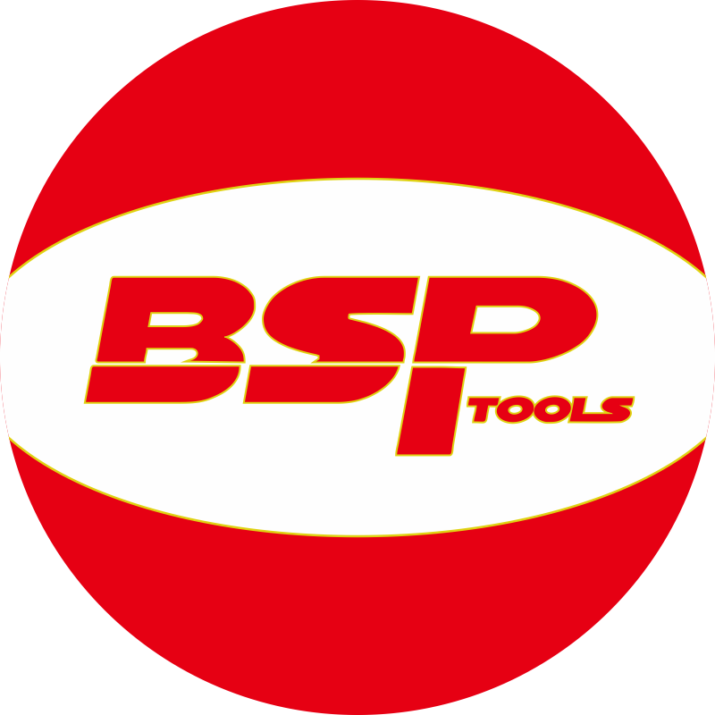 Logo BSP Tools rosso e bianco in un design circolare.