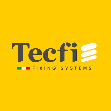 Logo di Tecfi Fixing Systems su sfondo giallo con testo in bianco e nero.