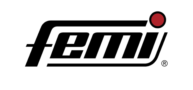 Logo di Femi in lettere minuscole nere con un punto rosso sopra la i.