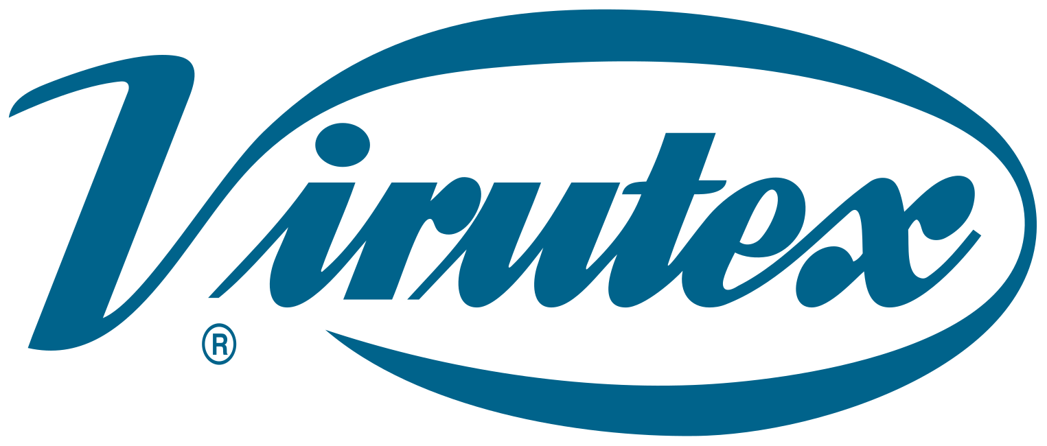 Logo Virutex in corsivo blu con linee ovali sinuose su sfondo bianco.