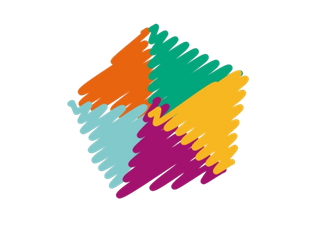 Een kleurrijke, gekrabbelde vijfhoek, samengesteld uit oranje, turquoise, groene, gele en magenta segmenten.
