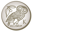 Circular emblem featuring an owl perched next to an olive sprig with the letter K underneath, in muted earth tones.