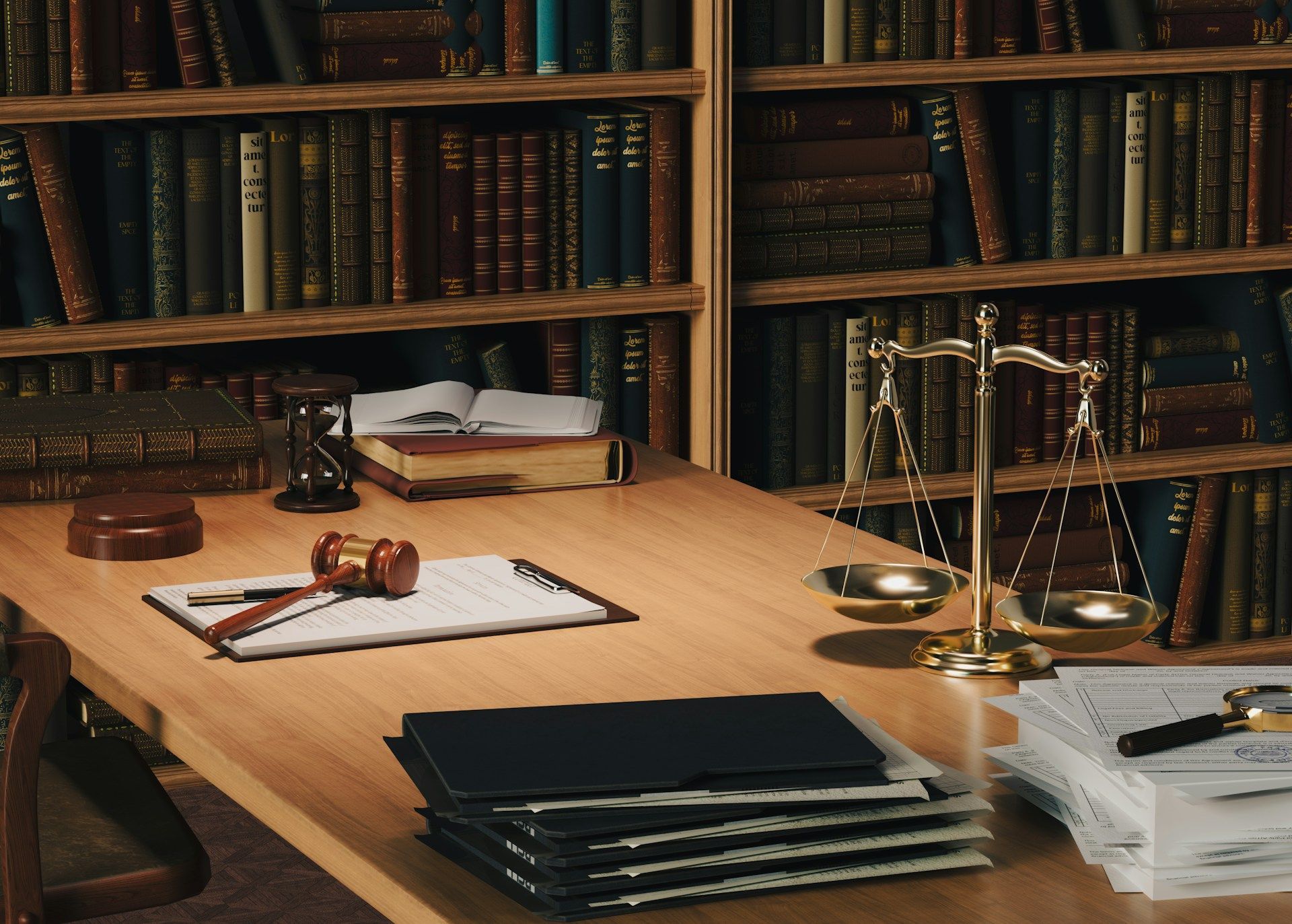 A wooden desk with a judge's gavel, a scale of justice, stacked legal files, and books on shelves in a library setting.