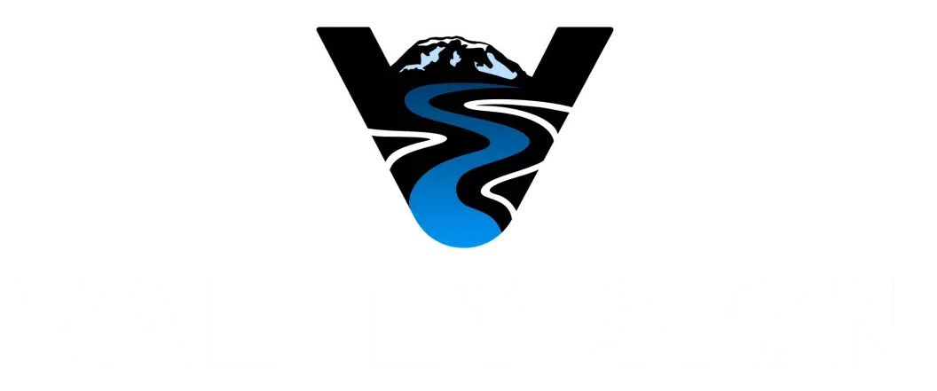 Black stylized V logo with a blue winding river and mountain silhouette