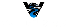 Black stylized V logo with a blue winding river and mountain silhouette