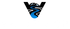 Black stylized V logo with a blue winding river and mountain silhouette