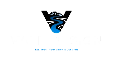 Black-and-blue V-shaped logo with a winding road, above the slogan “Est. 1864 | Your Vision Is Our Craft”