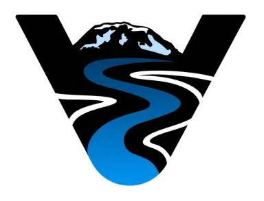Black-and-blue stylized logo shaped like a V with a winding road through the center